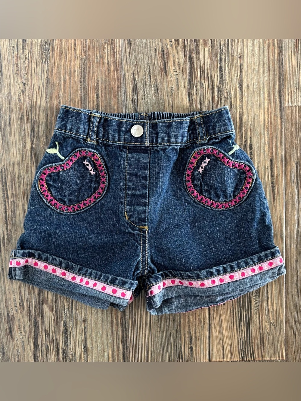 Y2K Gymboree Denim Jean Shorts Jorts 18-24 Months Apple Embroidery Cuffed 2006